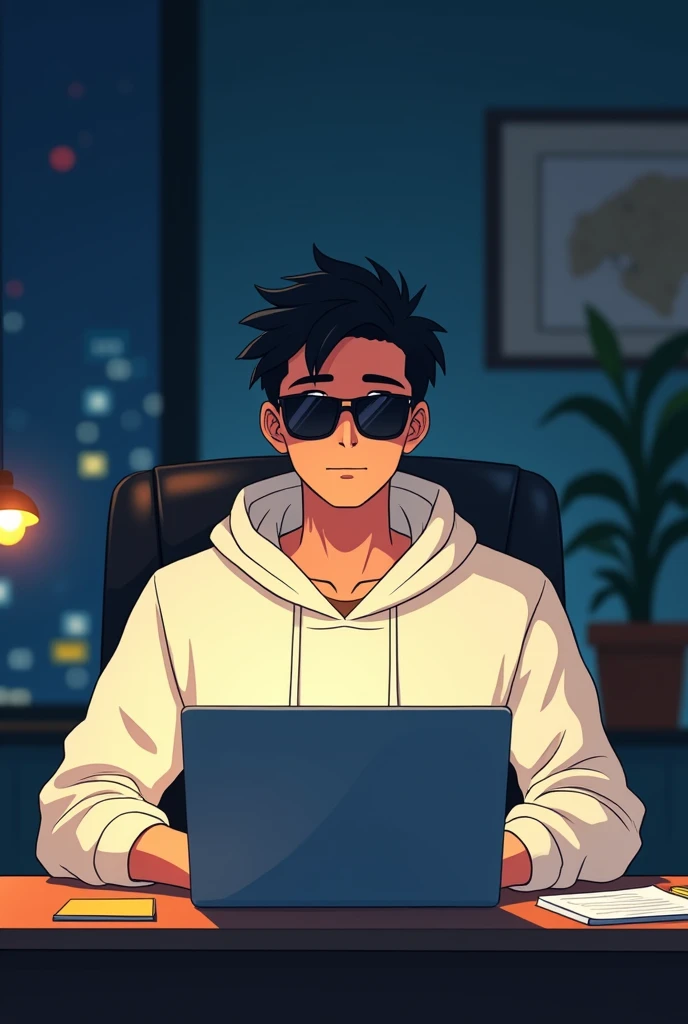 ANIME FRIENDLY LOOKING MALE BUSINESS CHARACTER, A WHITE HOODIE AND SUNGLASSES. HE IS SITTING BEHIND HIS LAPTOP IN HIS OFFICE, ARMS ON HIS DESK. IT IS NIGHT. THE ROOM HAS VOLUMETRIC
LIGHTING. HE IS FRONT FACING TO THE CAMERA, LOOKING STRAICHT AND CENTERED, ...