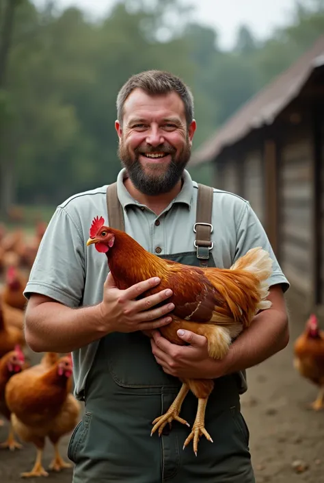 A worker at a poultry farm with a chicken in his hand, Russian, in work clothes, smiles, stands straight