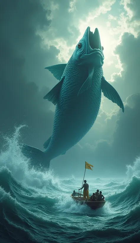 As soon as the deluge came, Lord Vishnu in the form of a fish pulled the boat himself and saved the world from the deluge.