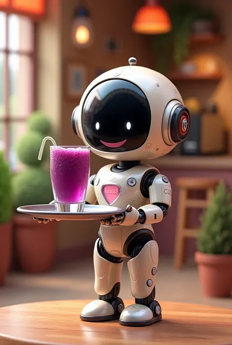 small robot, da disney pixar, with a serving tray, as if she were a waitress, with a glass of açaí. serving your customers