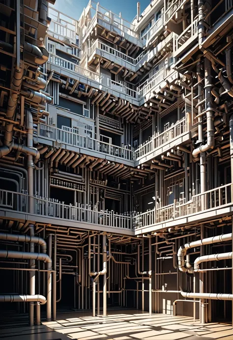 fusion of paper craft and paper cutting, this building is made of countless pipes that are combined in all directions, conceptual installation art, delicate and dynamic textures, contrasts of light and shadow, 2.5D, artistic photography, hyper realistic, d...