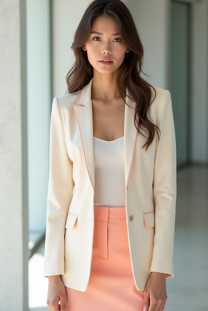 Model with a Work suit of white and salmon fabric two piece skirts and jacket and black undershirt 