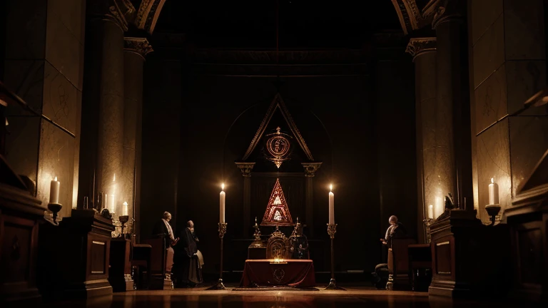 Create an ultra-detailed image of a group of male Freemasons gathered in a Masonic temple, summoning a demon. The mood should be dark and mysterious, with light and shadow to accentuate the occult atmosphere. The Masons are dressed in their traditional gar...