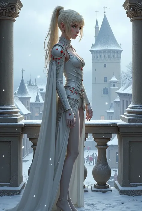 (high quality), a RWBY character "Winter Schnee", tall blonde pale woman with the hair in ponytail, wearing white and silver knee long hunting suit, decorated with red gems, 18th century, standing on the balcony of the castle overlooking a blizzard over Ge...