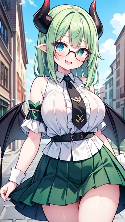 Short Female demon, Two Black horns on her head, Lush long whiteish Green hair, Beautiful Blue eyes, white shoulderless shirt, green Pleated Skirt, shy expression, cute smile, academy courtyard background, plump thighs, large breasts, large round Glasses, ...