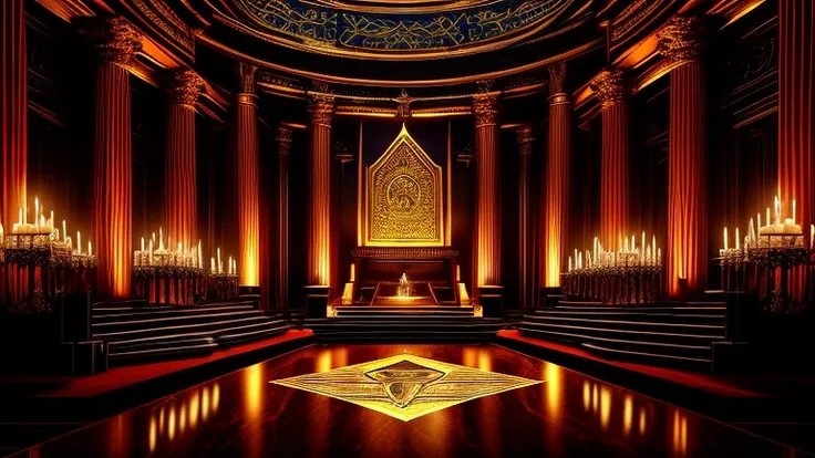 Create an ultra-detailed image of a group of male Freemasons gathered in a Masonic temple, summoning a demon. The mood should be dark and mysterious, with light and shadow to accentuate the occult atmosphere. The Masons are dressed in their traditional gar...