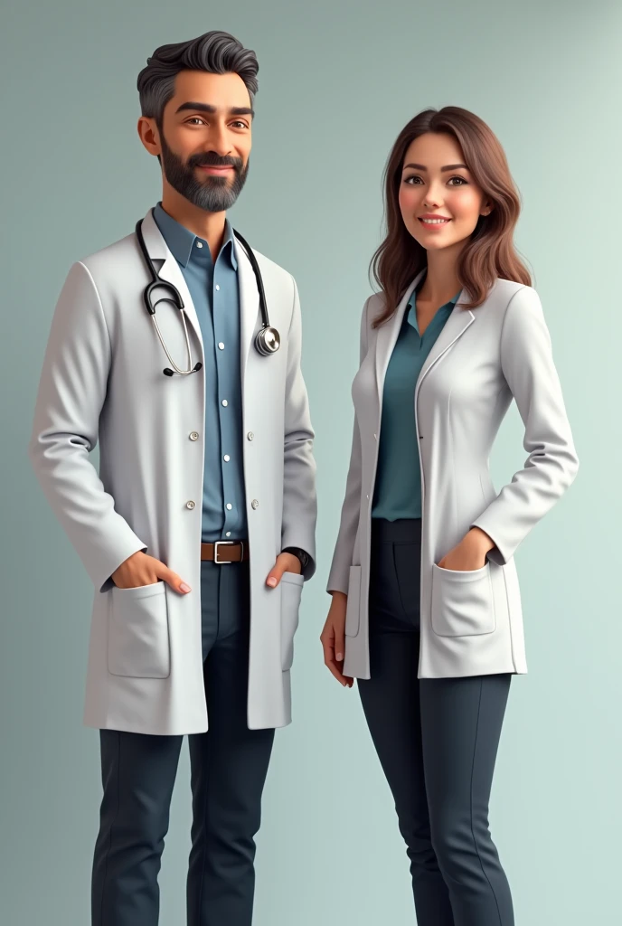 a male doctor, somewhere 30 years old with a woman investor standing side by side. standing formally and smiling. they are a feet apart looking at front

