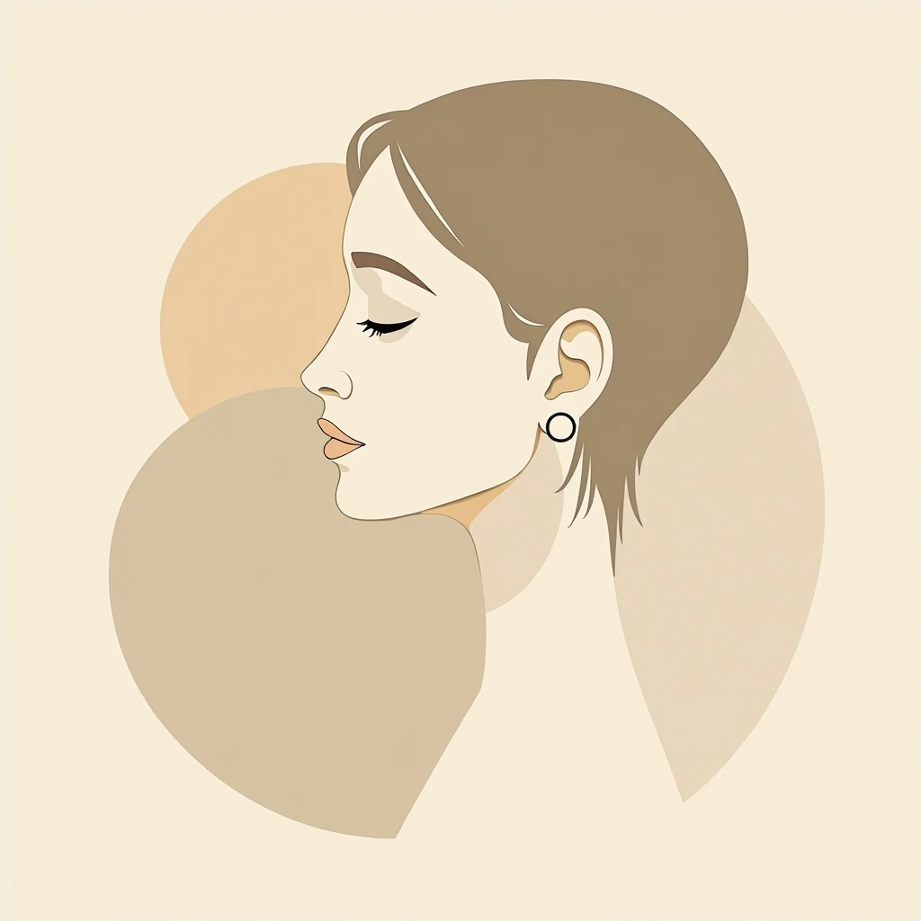 Creat please an abstract, minimalist profile of a person, where emotion is conveyed through subtle lines and minimal detail. Focusing on simplicity, cleam lines with earth tones. Use a balanced symmetrical layout. Incorporate geometric shapes like circles ...