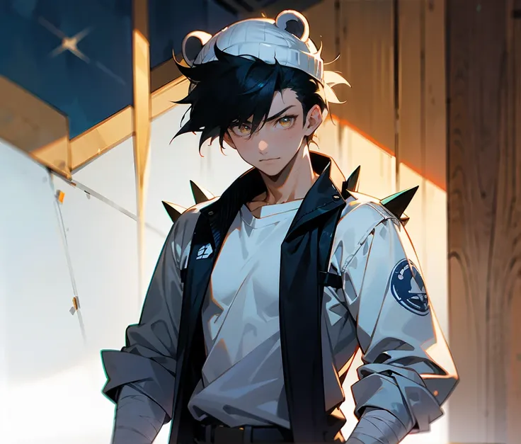 1male ,Adult Male , Spiky Hair , Messy Undercut Hair , Black Hair , Golden Eyes, White Beanie with polar bear ears and eyes on it ,White Shirt with the word marine written in blue , Blue Fitted Sleeves , Bandaged Wrist and Hand , Standing on wooden naval s...