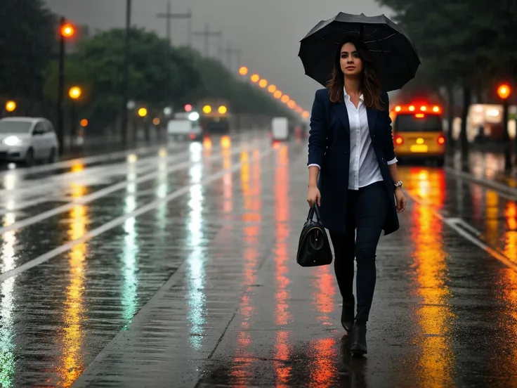 The most beautiful woman walking along the road while raining heavily 