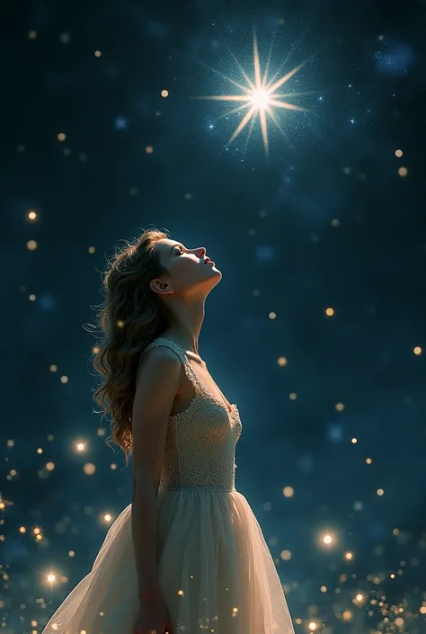 Woman making a wish on a star, fantasy，Many small stars are dancing