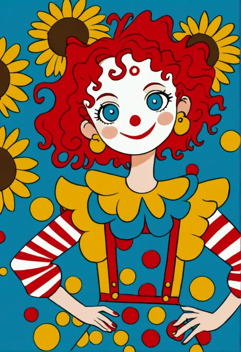 bright smile, short curly red hair, playful clown outfit, vibrant yellow and red ruffled collar, blue and red clothing, striped sleeves, yellow buttons, yellow flower earrings, cheerful pose, hands on hips, looking at camera, white painted face with rosy c...