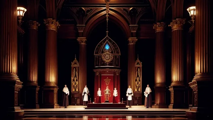 Create an ultra-detailed image of a group of male Freemasons gathered in a Masonic temple, summoning a demon. The mood should be dark and mysterious, with light and shadow to accentuate the occult atmosphere. The Masons are dressed in their traditional gar...