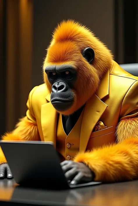 A golden gorilla in a gold suit working on a laptop