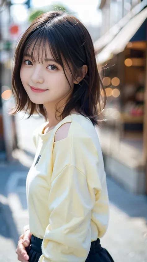 Best Quality, Realistic, Very detailed, finely, High resolution, 8K wallpaper, Cinema Lighting、1 person、cute Japanese girl、2、Black medium hair、Wearing a black long sleeve sweatshirt、 (Blurred Background、noon、Shopping Street、Natural Light)、Sharp focus, Perf...