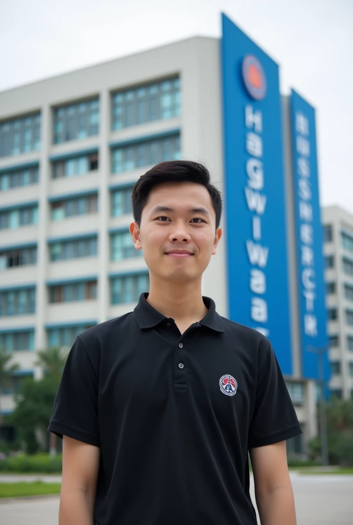  The image shows a young man standing in front of a building with a blue sign that reads "HIGHWAY RESEARCH INSTITUTE" and "HIGHWAY RESEARCH INSTITUTE" repeated on the side. The man is wearing a black polo shirt with a logo on the left chest and is posing f...