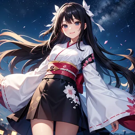 One Girl,Very smiling、Small breasts、Long black hair、Black Eyes、White ribbon、Gorgeous patterned kimono、Night Sky、Dynamic Angle