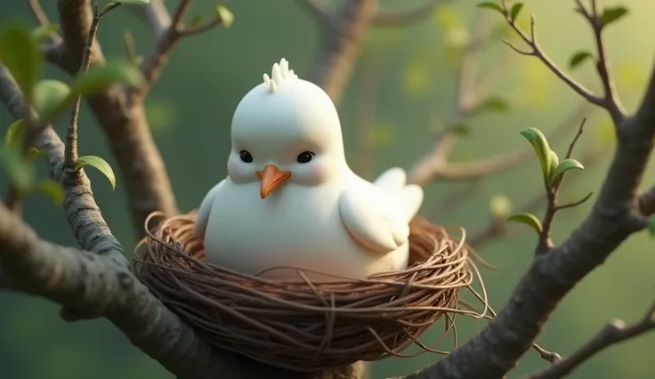 Generate 3d animated image of pigeon in white colour feeling sad on the tree nest