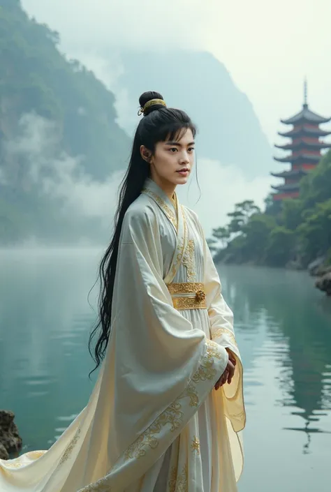 handsome teenage boy, long black hair, white peal skin, thick eyes brow, tall and perfect body, ดาราจีน ดาราเกาหลี, dress in royal chines emperor, color white and gold, back ground is the heavy mist on the secret lake and chines pagoda on the top of mounti...