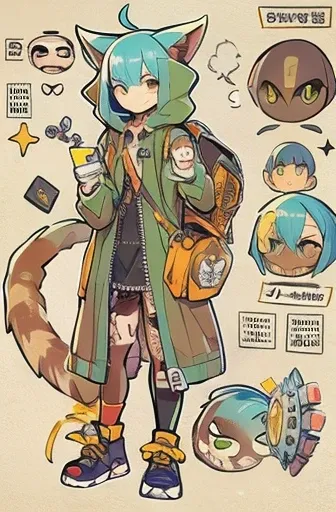 Boyish girl and creepy cute monster buddy、anime-like、Adventurer、A determined smile、Brown hair with light blue mesh、Monocle with analytical ability、Sporty、Emblem with the Ouroboros ring motif、cap with cat ears、He is equipped with a mechanical gauntlet on hi...