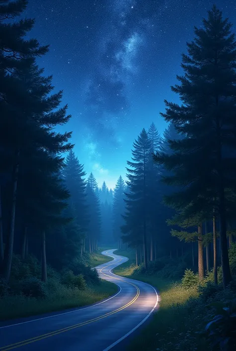 Create a viral image of road in a forest with night sky glowing with atars