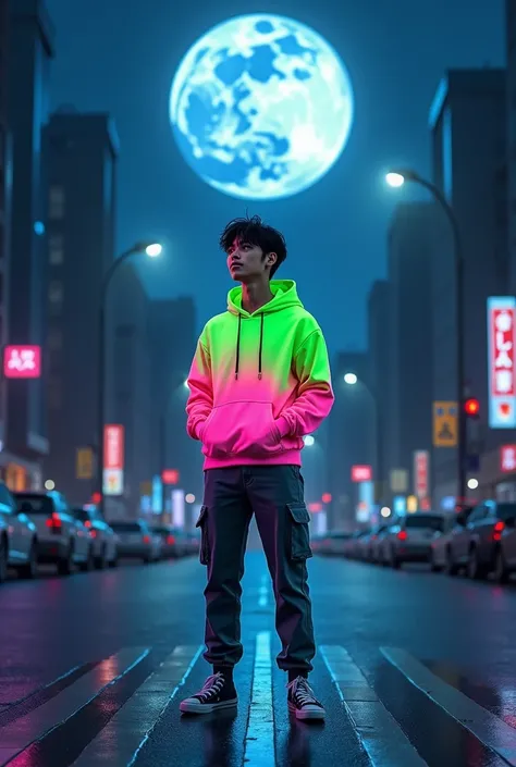 a handsome anime japanese man with dark hair, wearing glowing neon green mix glowing neon pink hoodie and cargo pants. Converse shoes. standing alone in the center of the dark night street. Looking up at the supermoon. High Resolution, Detail, Best Quality...