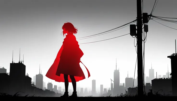 (Ashley Wood Style:1.3),(Obata Takeshi:0.9),
Black and white city skyline background,Protruding electric pole,(a red silhouette of a young girl:1.6),Minimalist silhouette,red silhouette,Black and white background,wide_shot,Silhouette of a teenage girl on a...