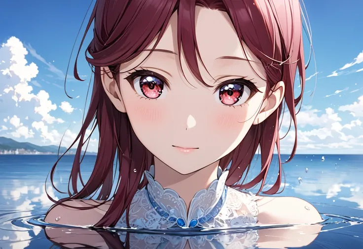 beautiful illustration,ultra detail,1girl, sakurauchi riko,(lovelive) ,water,reflection,,blue sky,horizon,clear dress,水の上に立つ、