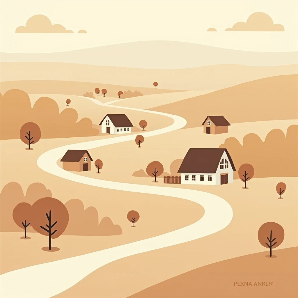 Creat please an an image of a monochrome rural landscape using varying tones of brown for a warm, cohesive feel. Focusing on simplicity, cleam lines with earth tones. Use a balanced symmetrical layout. Incorporate geometric shapes like circles and squares....