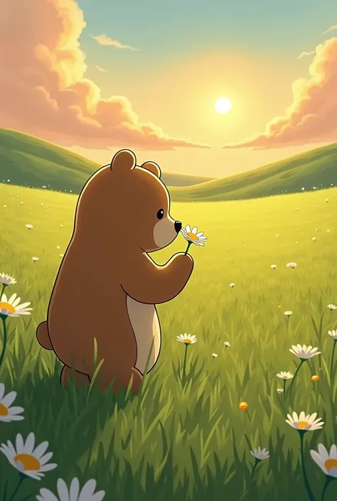 Draw an adorable bear in profile smelling a white daisy flower in front of a spacious meadow at sunset, in the style of Studio Ghibli anime
