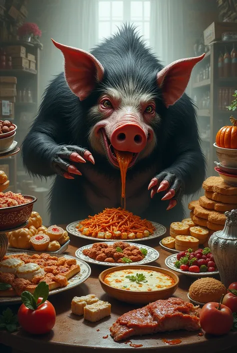 The greedy pig demon was eating food and there was a lot of food piled up.