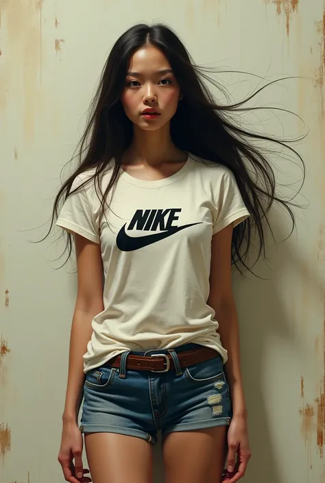 Death Penalty Execution Nike T-shirt and denim belt One girl, Open your mouth, Long Hair, Breast massage from behind