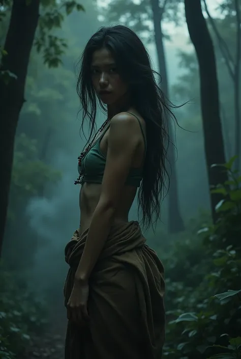 "A young Thai woman with long hair and a strong body like a villager, dressed in an old Thai costume, with a fierce and scary face, wearing thin clothing, standing in the forest, turning to smile. The atmosphere is eerie at night, dark and scary. There is ...