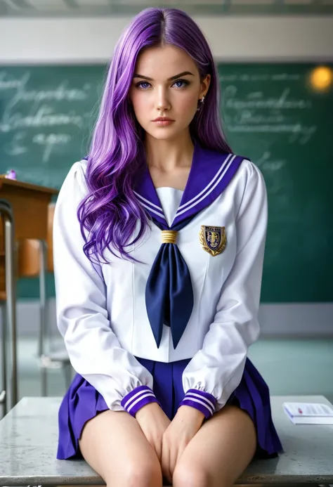 An eighteen-year-old young woman with long purple hair in a sailor suit sits in a classroom (school 1.5 in the background) (expression serious, cold 1.5) (best quality: 1.1) (masterpiece: 1.3) with an unparalleled masterpiece, surreal 8K, perfect artwork, ...