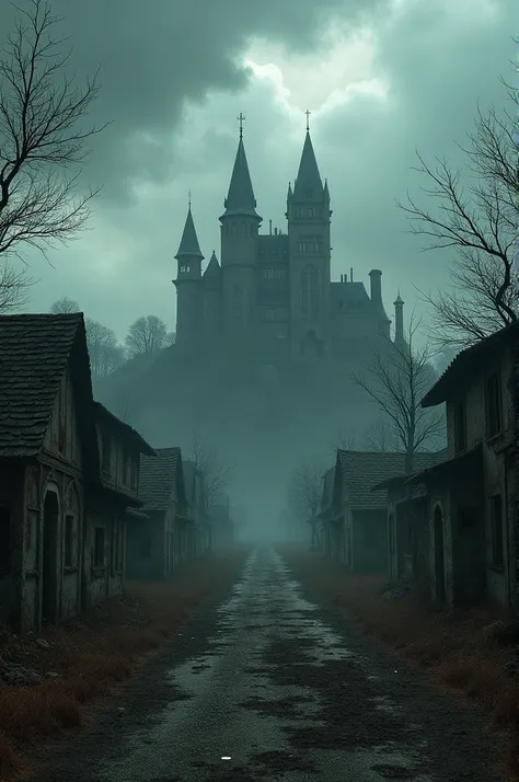 Image Prompt:** A deserted village with a crumbling palace nearby, surrounded by dry trees, dense forest, and dark clouds hanging over the palace