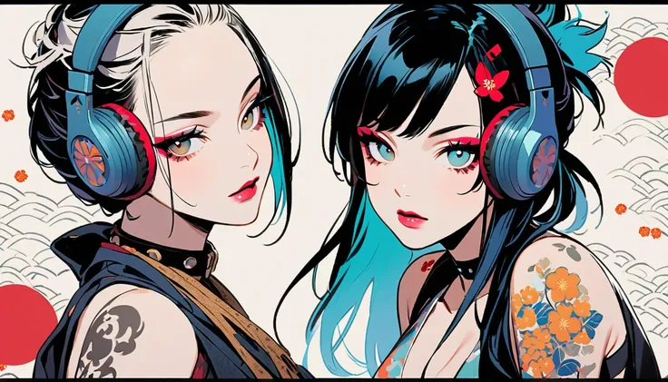 (((Ink Painting))), (((punk girl))), (((1 girl))), (((Flashy makeup))), (((Japanese style headphones))), (((Japanese pattern swimsuit))), (((TATOO))), Japan人の美少女, Black Hair, Delicate and precise, Modern Ukiyo-e Style,Japan, Japanese flag, Vivid Color