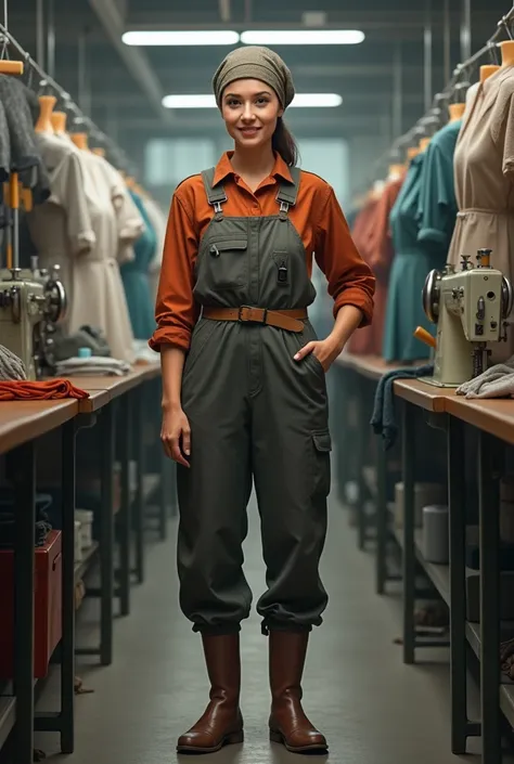 worker installs fittings on clothes , Russian, in work clothes, smiles, stands straight, Woman