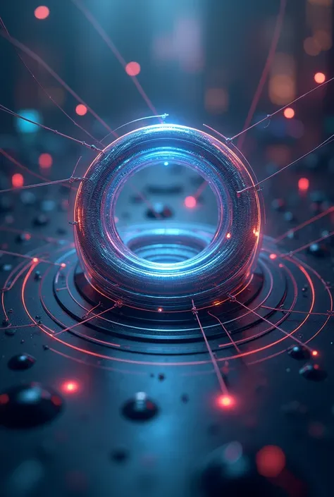 Use points, lines and planes to create a three-dimensional composition，Background blur，Gorgeous and beautiful style，A three-dimensional circle in the middle of Cyber，The ripple-shaped lines are interspersed below the circle，The arc line is based on the cir...