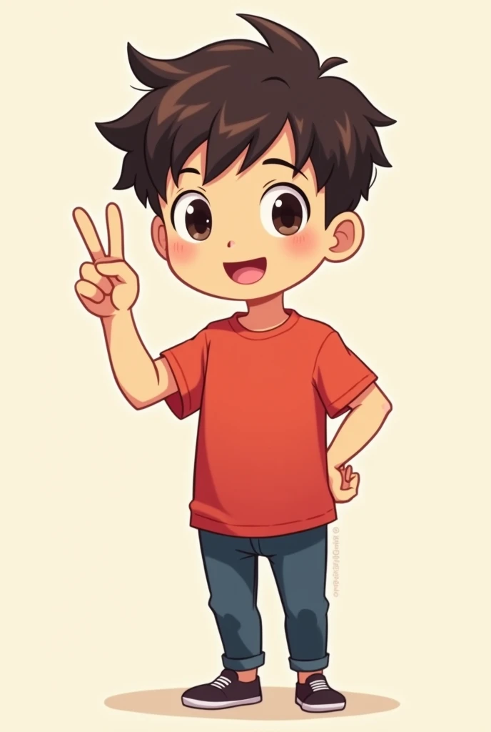 chibi art of a guy wearing a red shirt, peace sign and body slightly bend, half body