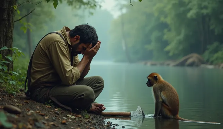 "A sad woodcutter sitting on the edge of the riverbank, his head hung low and tears in his eyes. He is holding his face in his hands, defeated and heartbroken. The scene captures the quiet sadness of the moment, with the monkey watching from a tree, feelin...