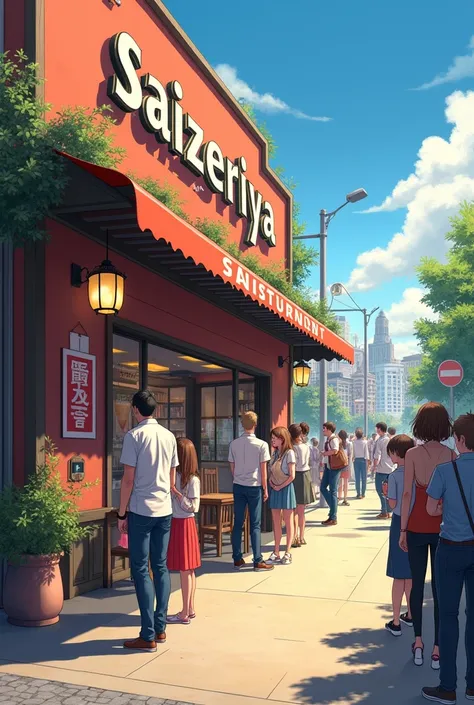 Western-style restaurant　Standing in a line outside a Saizeriya restaurant　City　
Summer sky daytime








