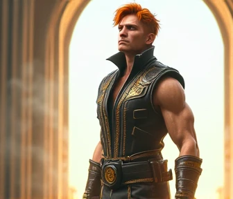 Mortal Kombat Warrior, Champion of the Earth, Special Forces Craig Konahi, Irishman, descendant of the ancients, Master of the Phantom Mist, the ability to duplicate oneself in combat, Ginger, in a vest with a cartridge belt and black stays.