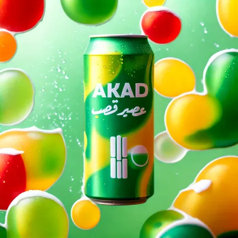 close-up of a shades of green and yellow and red soda can with a white logo with condensation droplets, surrounded by many ice c...