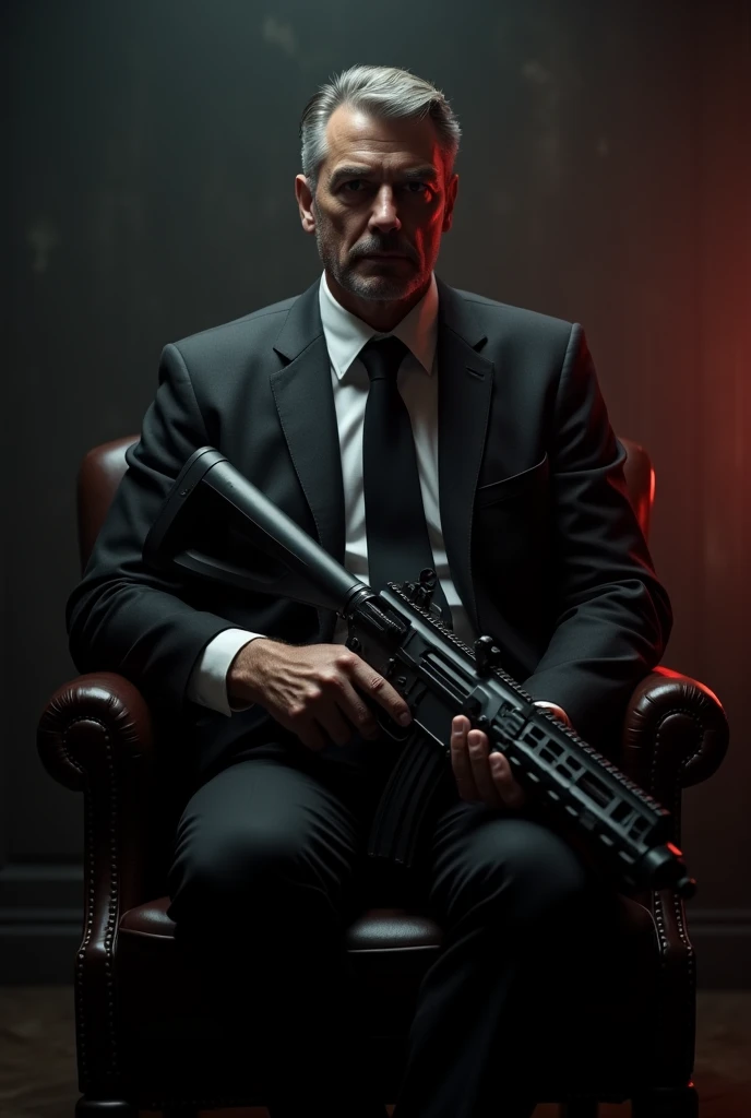 Picture of a mafia sitting in a chair, holding a machine gun, looking intimidating, wearing a black suit. 
