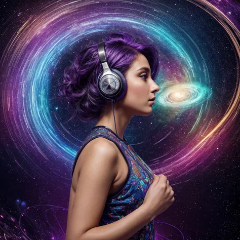 A futuristic, cosmic-themed digital artwork featuring a womans profile on the right side, wearing large, metallic headphones. Her hair blends seamlessly with a starry galaxy, transitioning from deep blues and purples to golds. Surrounding her head is an in...