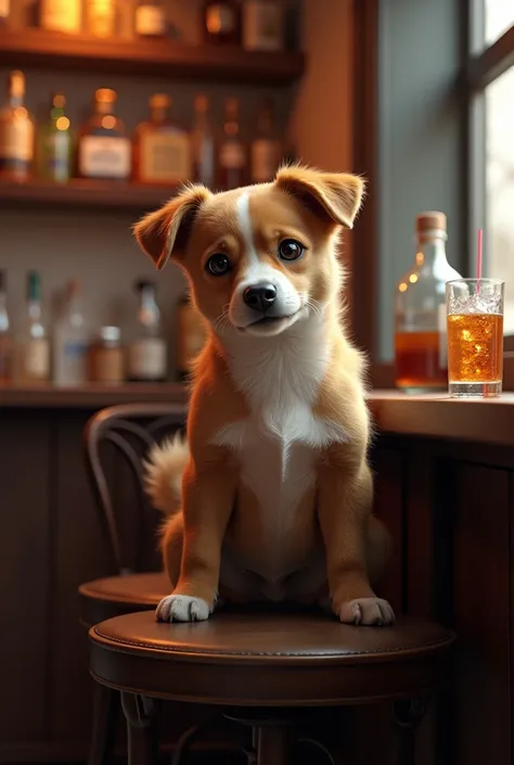 dog at the bar with a glass of soda 