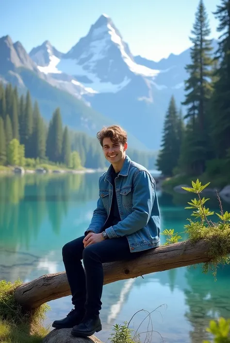 The image shows a young man sitting on a fallen tree branch in front of a beautiful mountain lake. He is wearing a blue denim jacket, black pants, and black shoes. He has a smile on his face and is looking directly at the camera. The lake is surrounded by ...