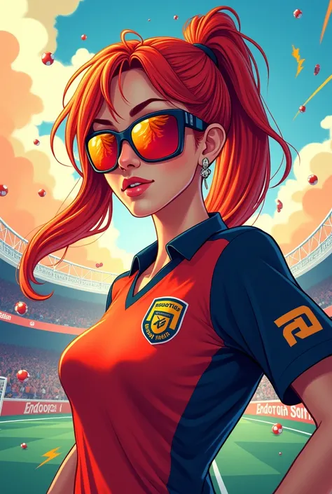 Create an image for me for a football group, the name is "Redhead from Tips" something very lively, with bright colors, with a red-haired female avatar and sunglasses, I want a solid plan, with sports-related elements, with the name *Redhead from Tips*