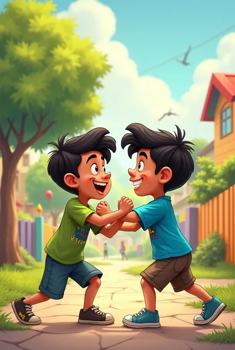 Make a cartoon where two boys named Asif Mad Faizan are fighting with each other. Please write their names on their shirts 
