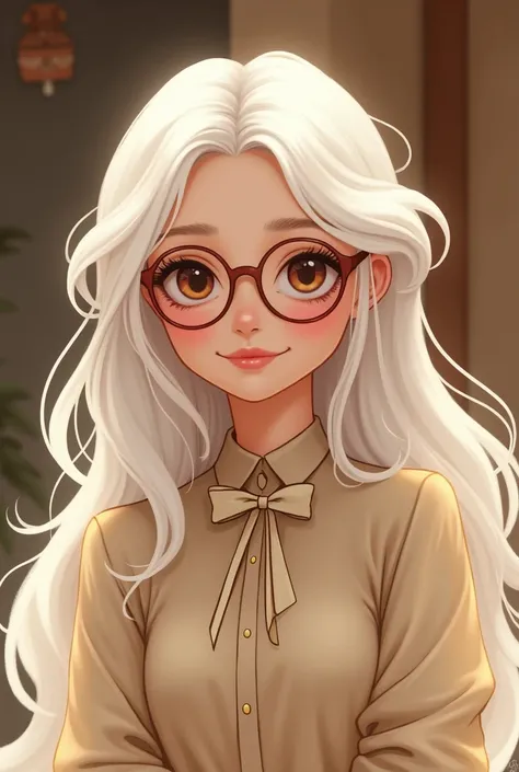 White long haired women with round glasses and a bowtie mommy like and flat